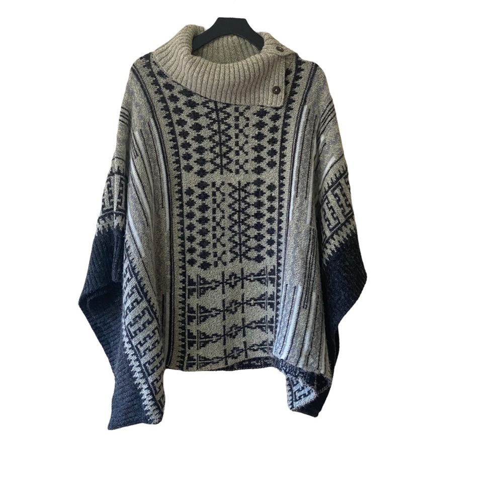 Yaira Button Cowlneck Abstract Print Cozy Knit Sweater Poncho